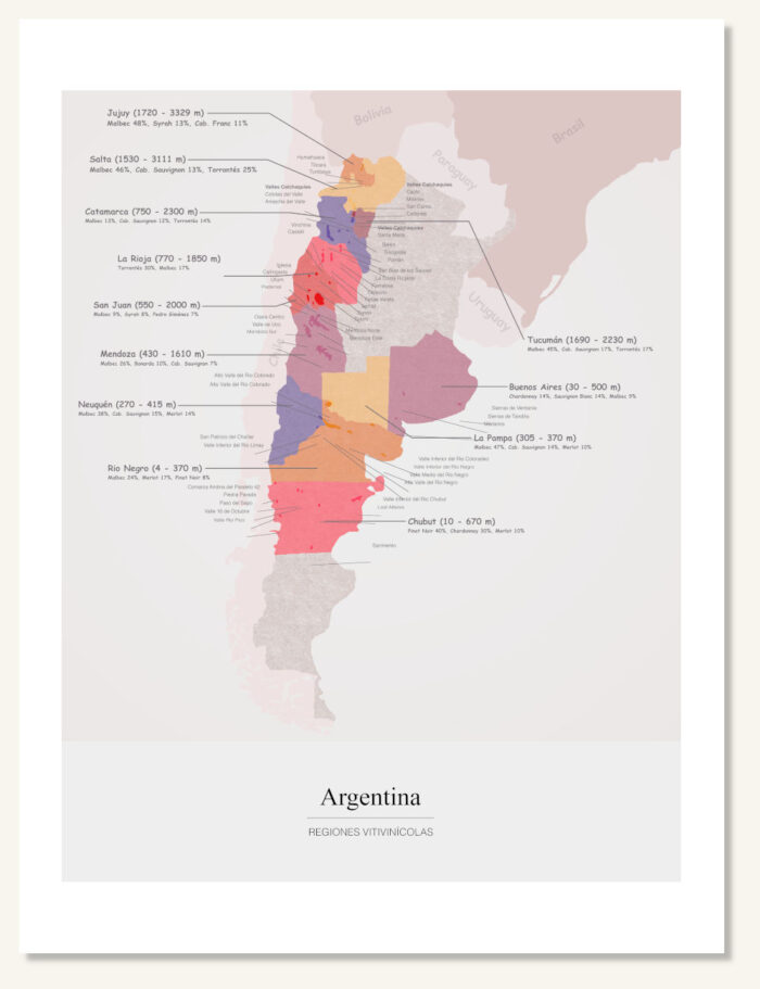 Poster vinkarta Argentina. Vintavla. Vinposter. Exklusiv och lärorik vinkarta tryckt på papper av hög kvalitet.