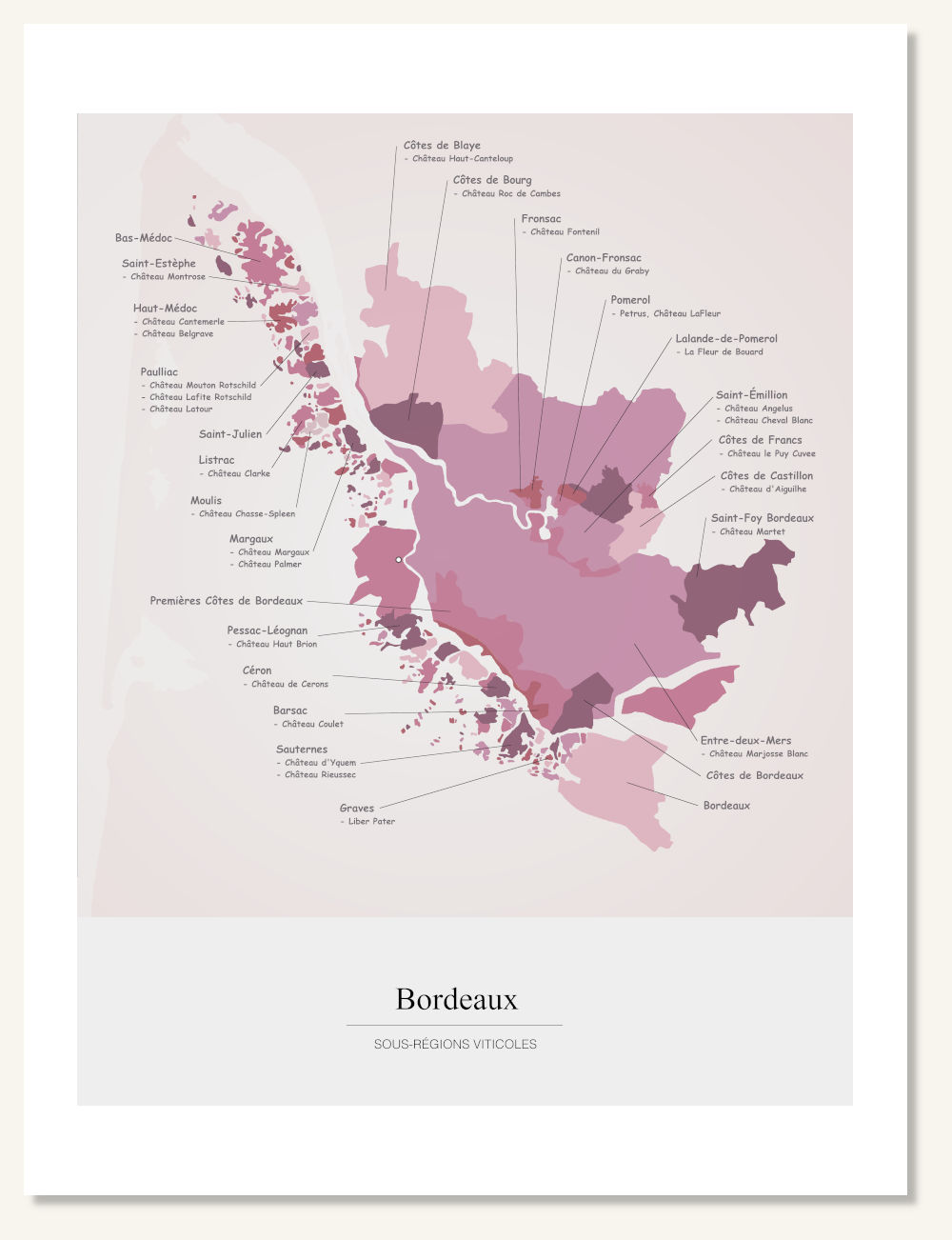 Poster wine map Bordeaux. Wine painting. Wine poster. Exclusive and educational wine map printed on high quality paper.
