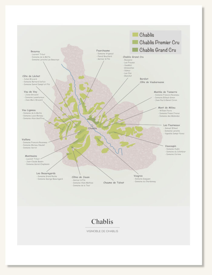 Poster wine map Chablis. Wine painting. Wine poster. Exclusive and educational wine map printed on high quality paper.