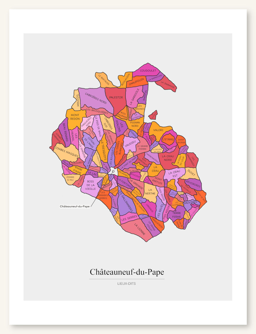 Poster wine map Châteauneuf du Pape. Wine painting. Wine poster. Exclusive and educational wine map printed on high quality paper.