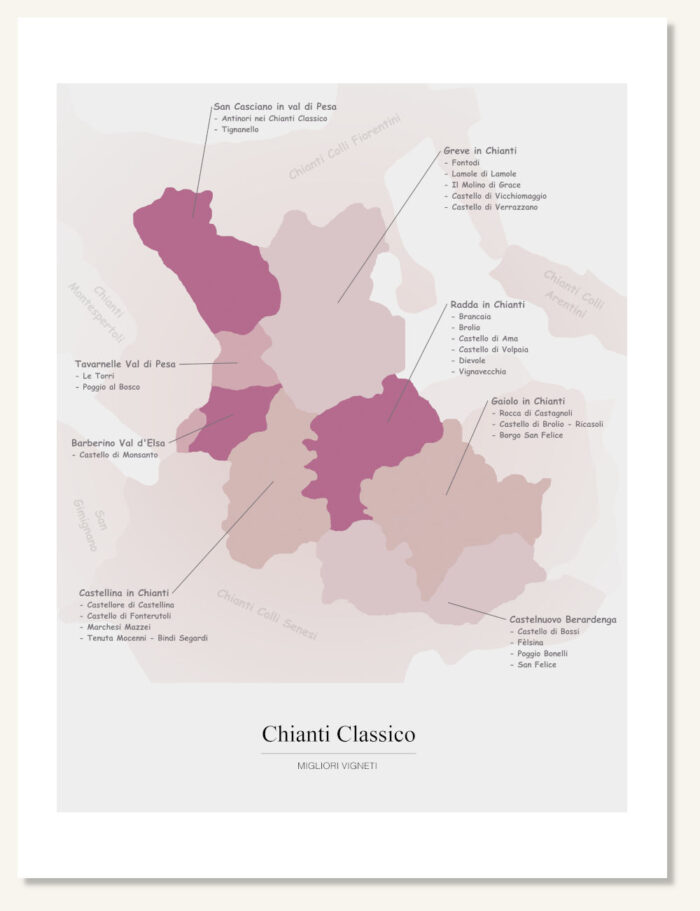 Poster vinkarta Chianti Classico. Vintavla. Vinposter. Exklusiv och lärorik vinkarta tryckt på papper av hög kvalitet.