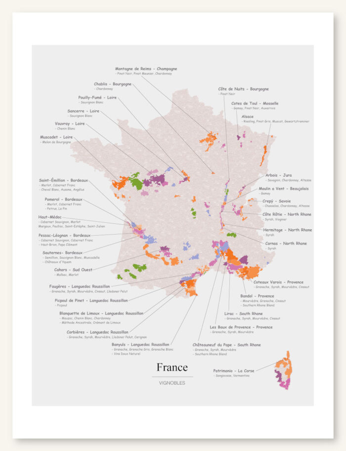 Poster vinkarta Frankrike. Vintavla. Vinposter. Exklusiv och lärorik vinkarta tryckt på papper av hög kvalitet.