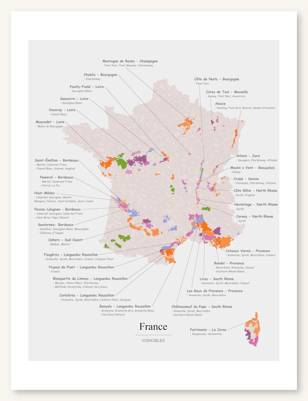 Poster wine map France. Wine painting. Wine poster. Exclusive and educational wine map printed on high quality paper.