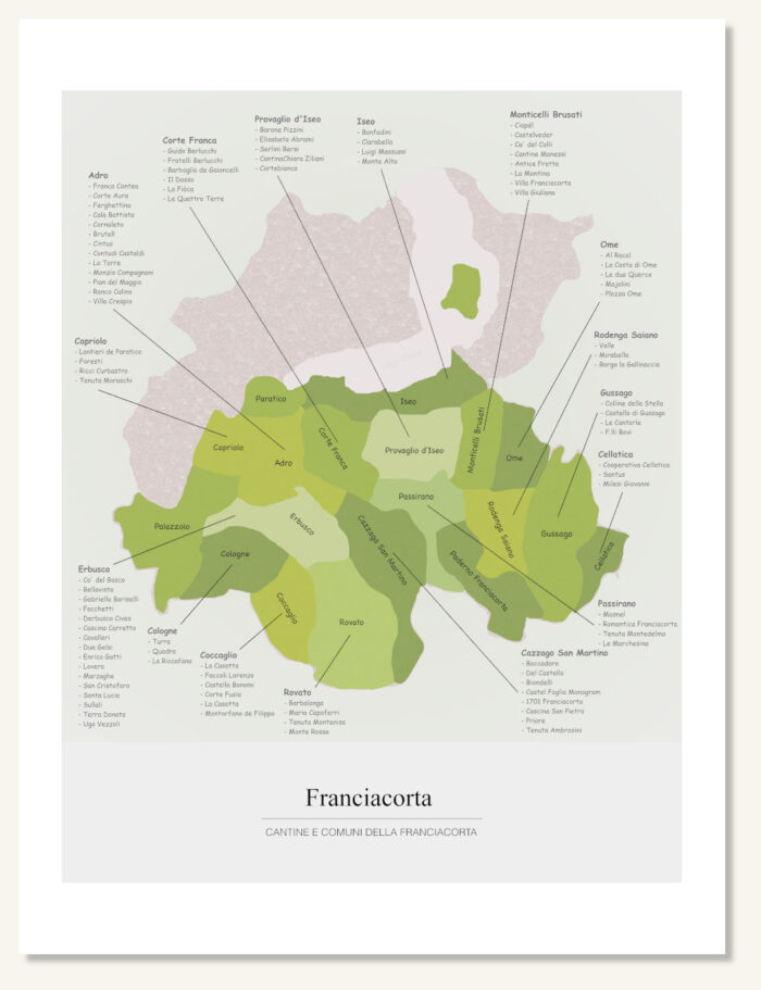 Poster wine map Franciacorta. Wine painting. Wine poster. Exclusive and educational wine map printed on high quality paper.