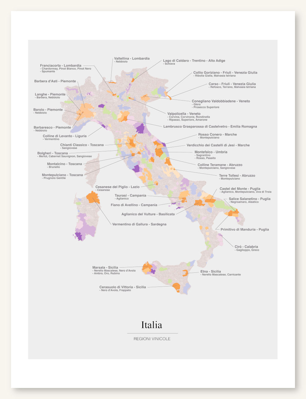 Poster wine map Italy. Wine painting. Wine poster. Exclusive and educational wine map printed on high quality paper.