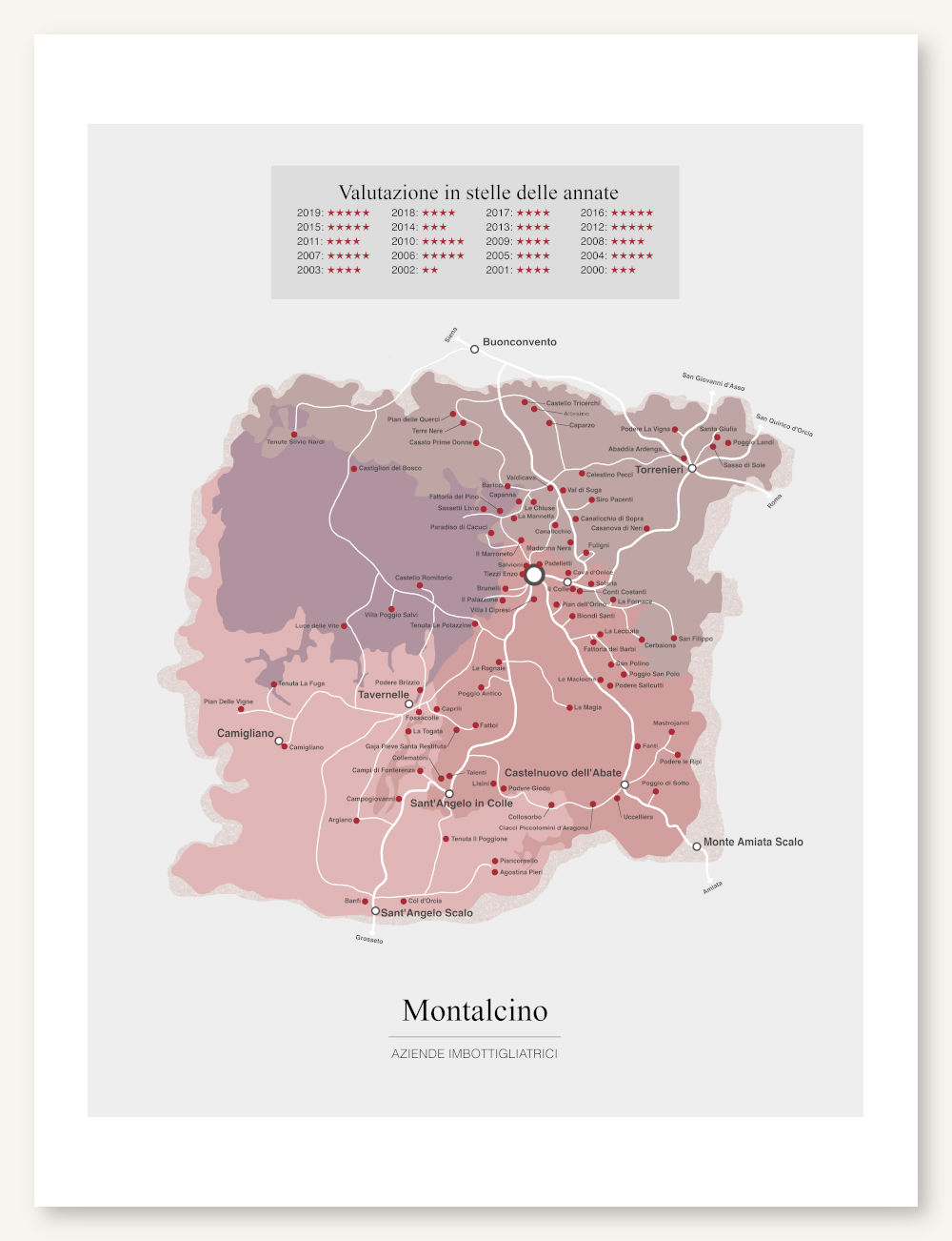 Poster vinkarta Montalcino. Vintavla. Vinposter. Exklusiv och lärorik vinkarta tryckt på papper av hög kvalitet.