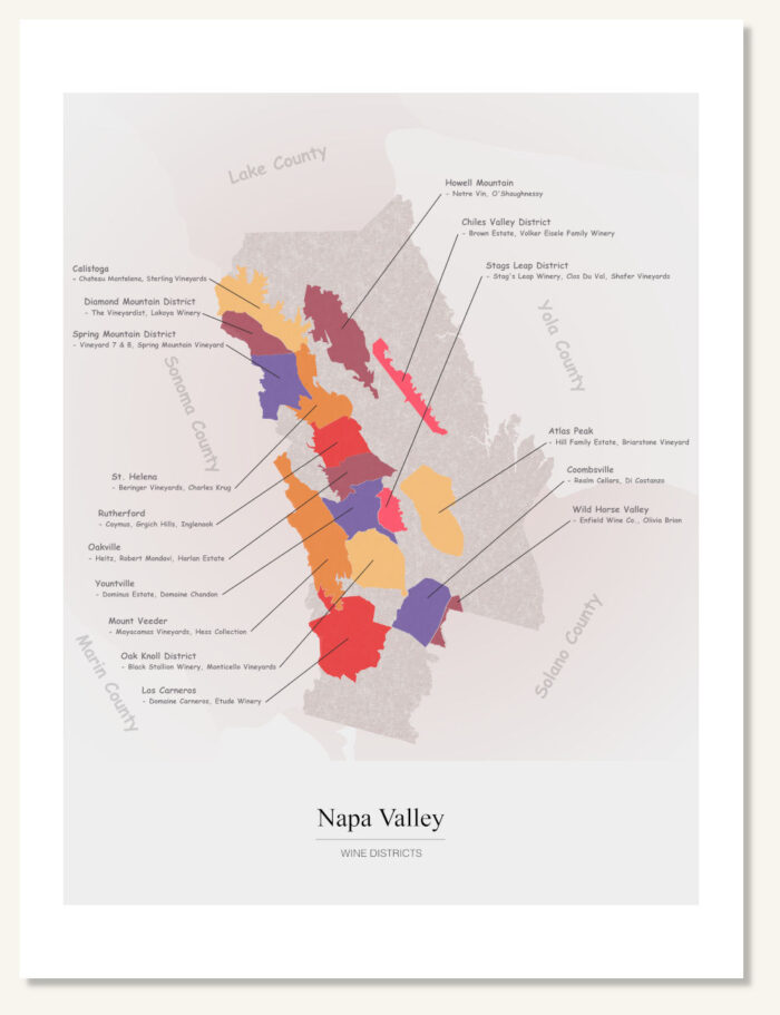 Poster wine map Napa valley. Wine painting. Wine poster. Exclusive and educational wine map printed on high quality paper.