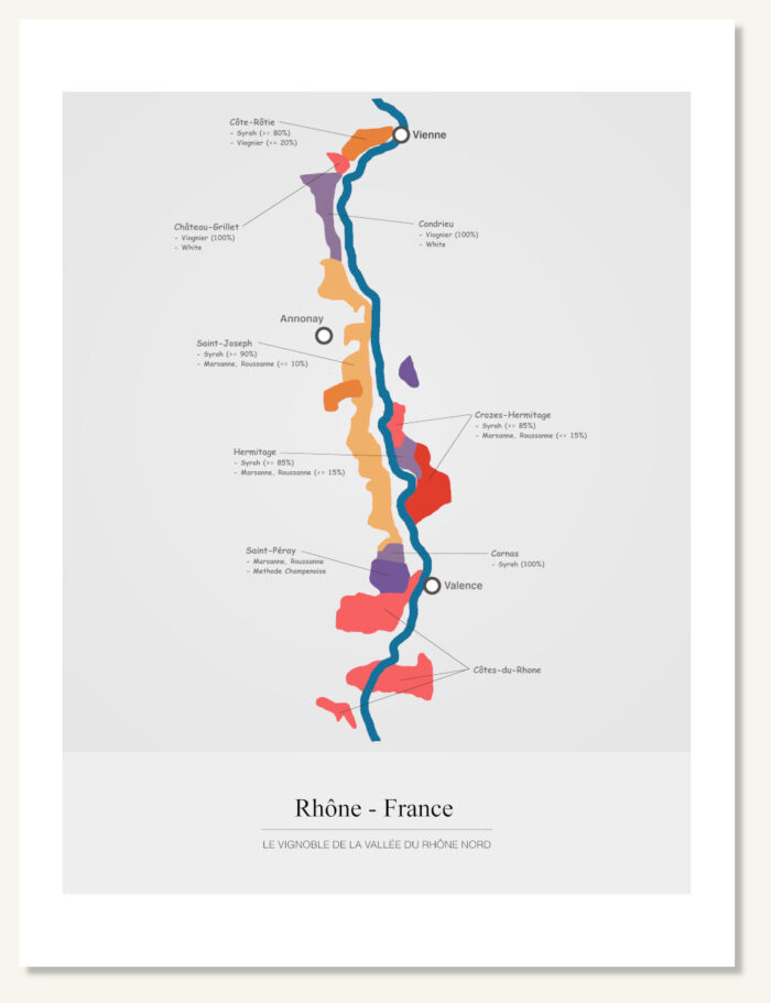 Poster vinkarta Norra Rhône. Vintavla. Vinposter. Exklusiv och lärorik vinkarta tryckt på papper av hög kvalitet.