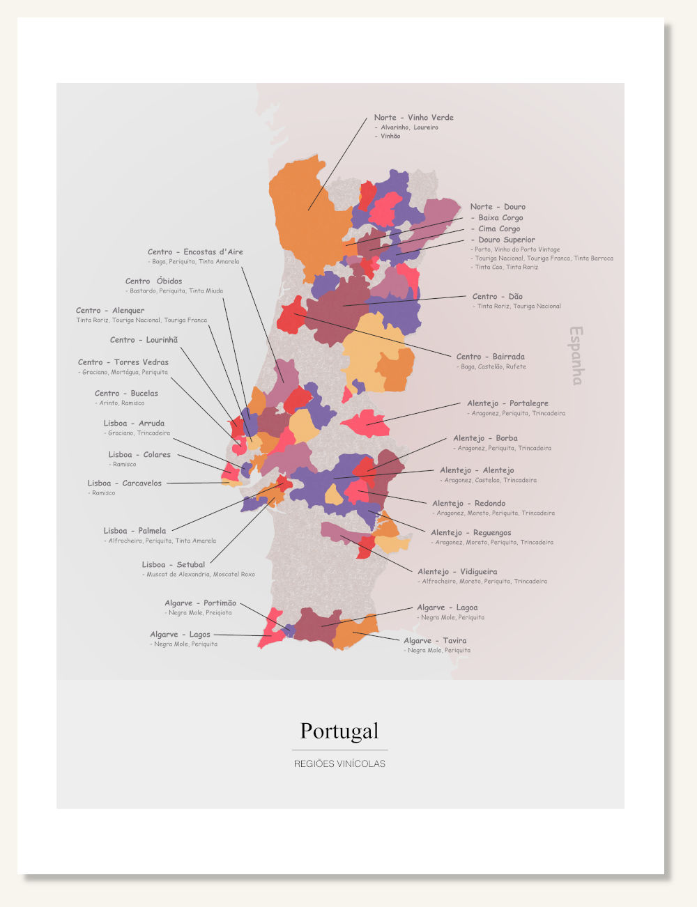 Poster wine map Portugal. Wine painting. Wine poster. Exclusive and educational wine map printed on high quality paper.