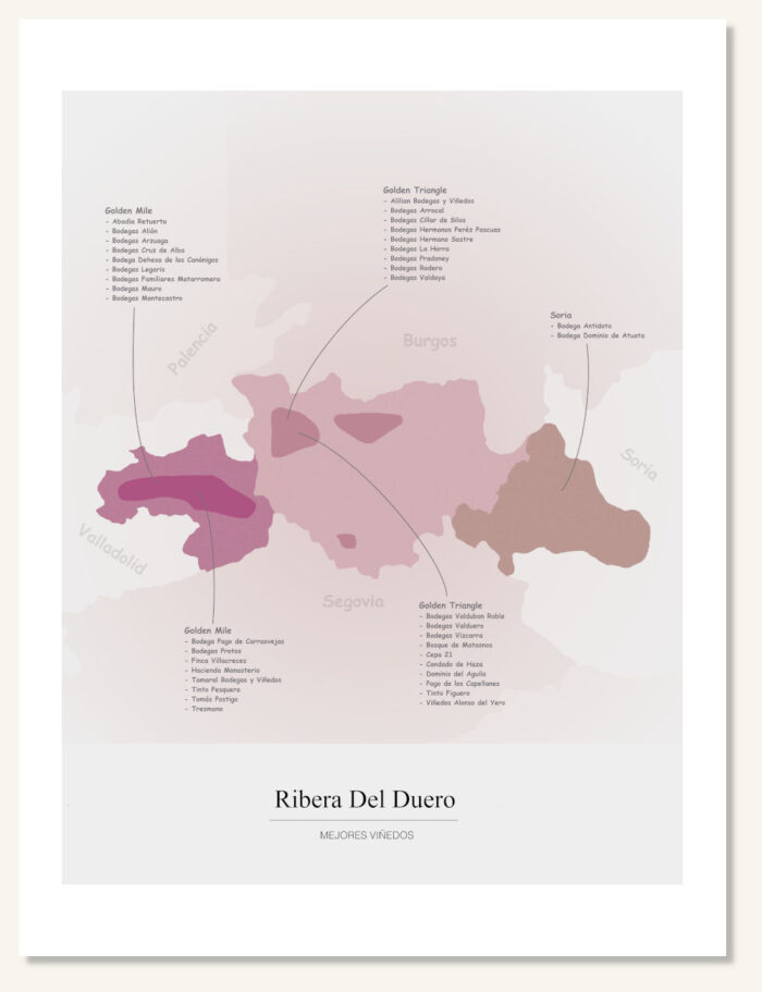 Poster vinkarta Ribera Del Duero. Vintavla. Vinposter. Exklusiv och lärorik vinkarta tryckt på papper av hög kvalitet.