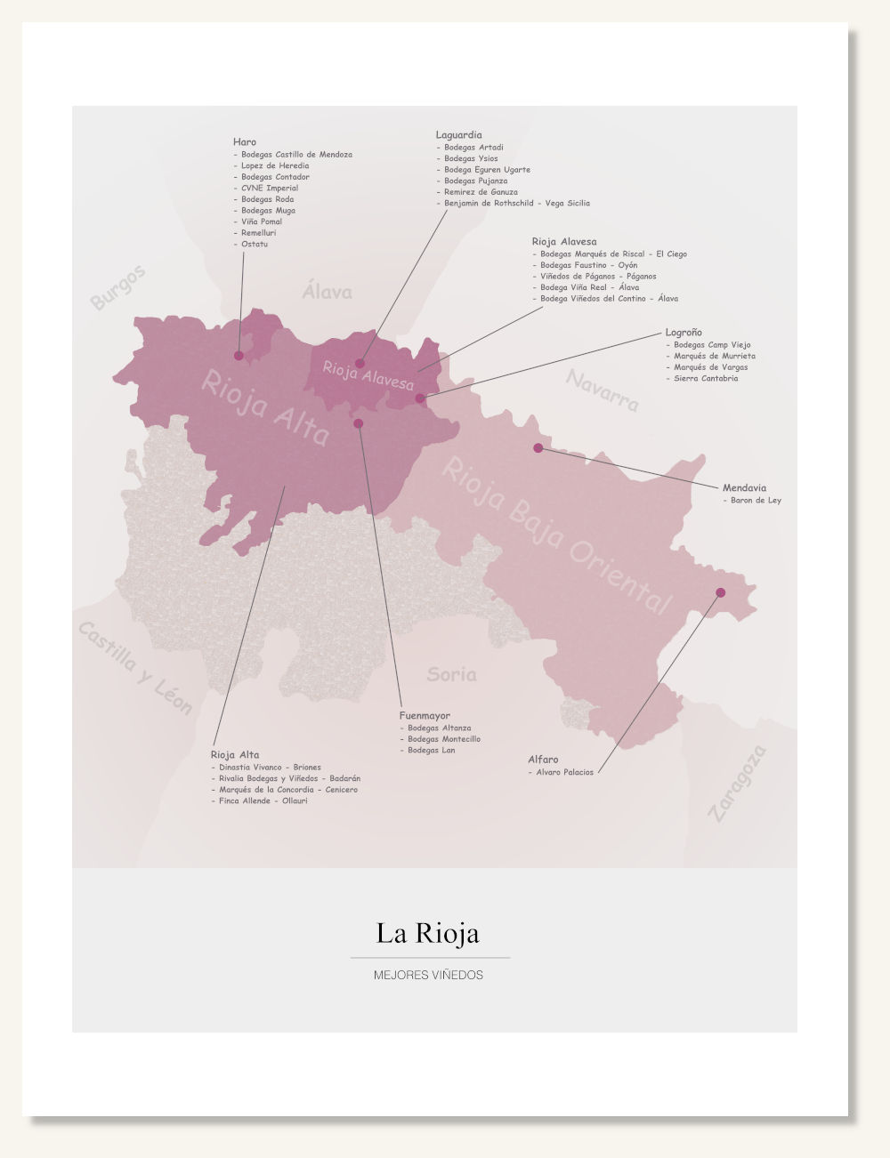 Poster wine map Rioja. Wine painting. Wine poster. Exclusive and educational wine map printed on high quality paper.