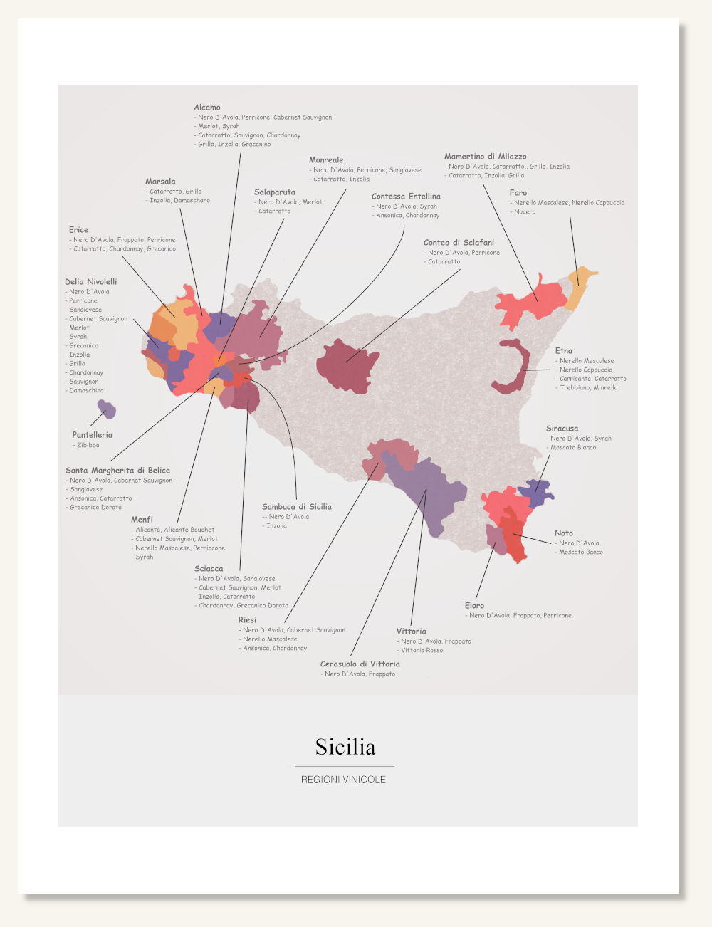 Poster vinkarta Sicilien. Vintavla. Vinposter. Exklusiv och lärorik vinkarta tryckt på papper av hög kvalitet.