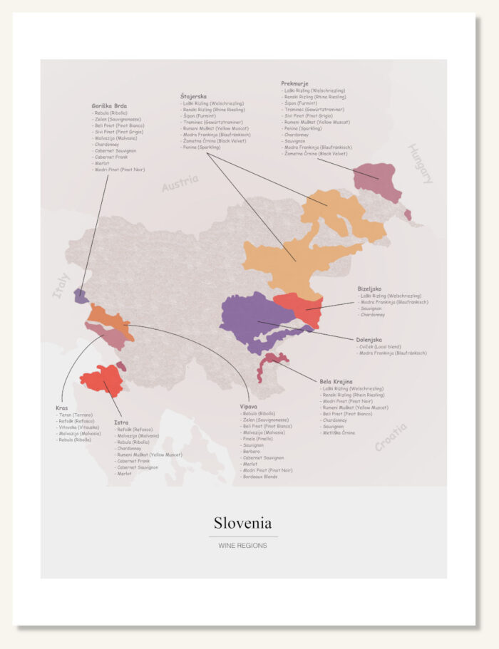 Poster wine map Slovenia. Wine painting. Wine poster. Exclusive and educational wine map printed on high quality paper.