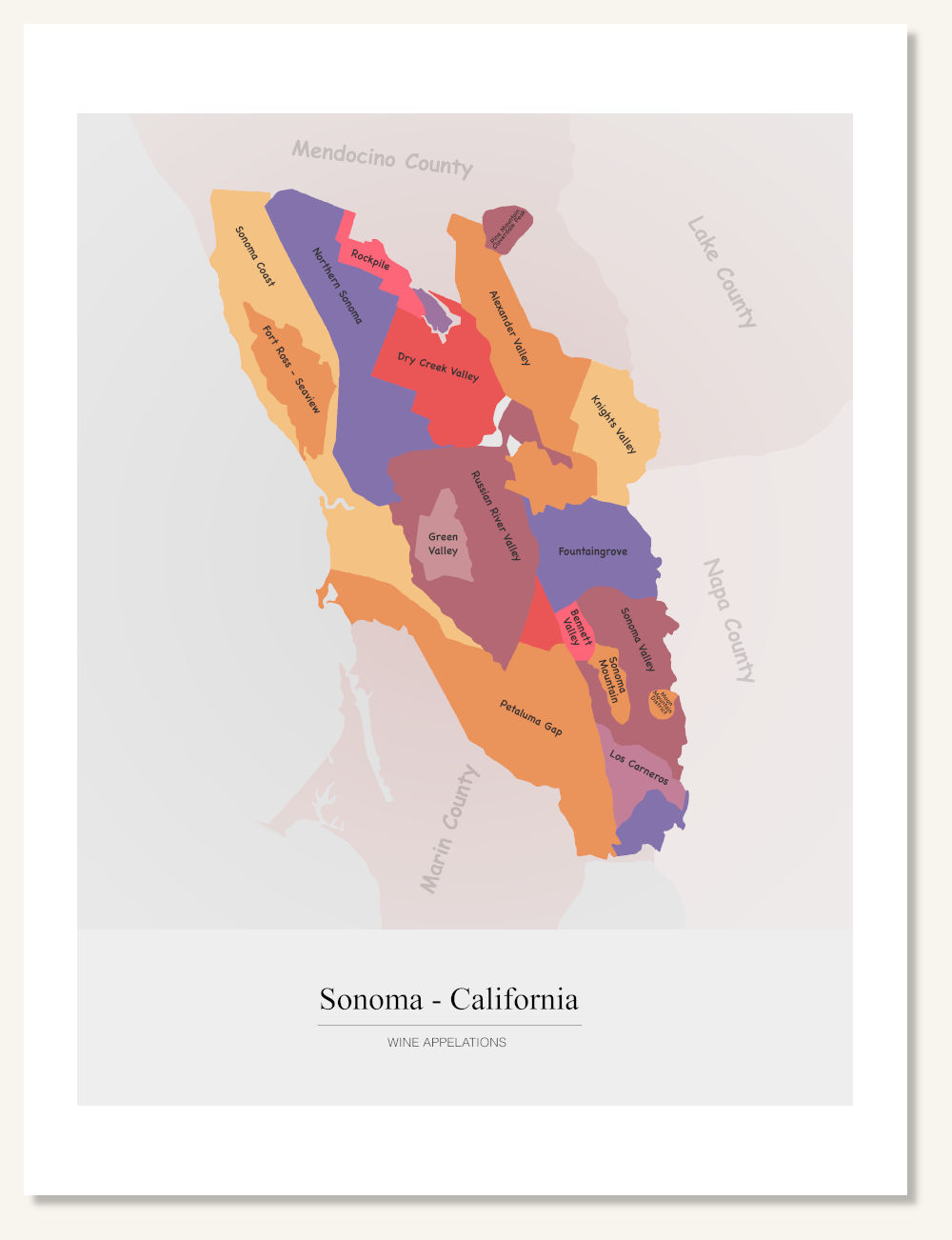Poster wine map Sonoma. Wine painting. Wine poster. Exclusive and educational wine map printed on high quality paper.