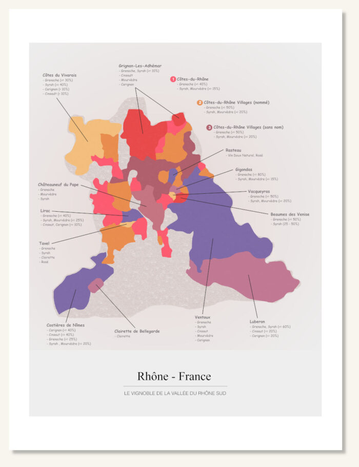 Poster vinkarta södra Rhône. Vintavla. Vinposter. Exklusiv och lärorik vinkarta tryckt på papper av hög kvalitet.