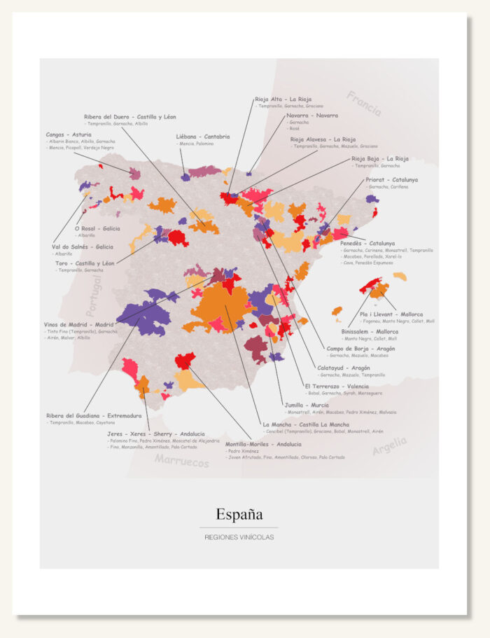 Poster wine map Spain. Wine painting. Wine poster. Exclusive and educational wine map printed on high quality paper.