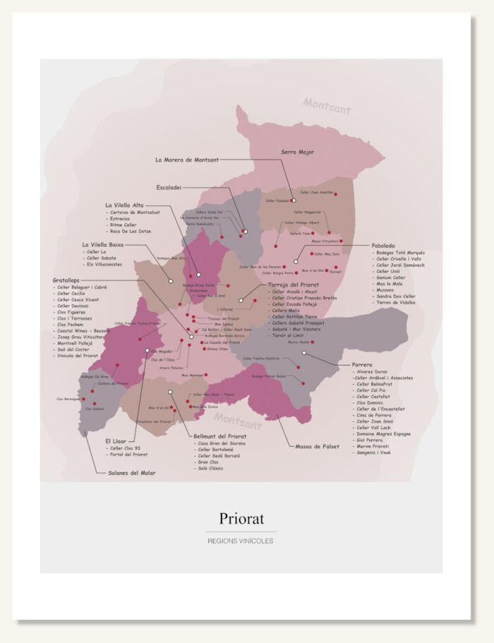 Poster wine map Priorat. Wine painting. Wine poster. Exclusive and educational wine map printed on high quality paper.